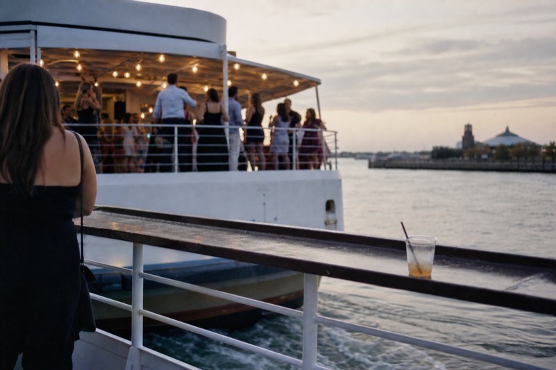 Spirit of Boston dinner cruise boat leaving the pier on a summer evening with string lights on its upper deck