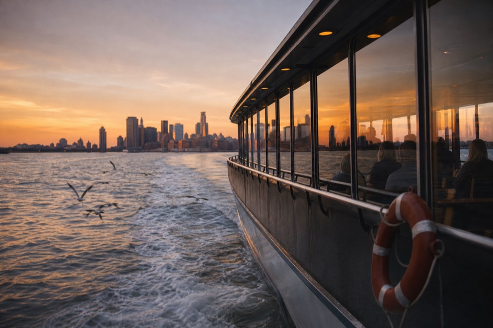 A dinner cruise boat underway on Boston Harbor at sunset with the city skyline glowing