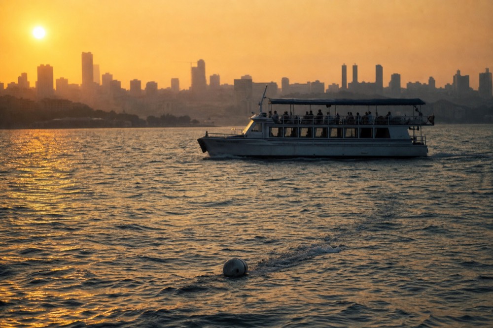 A dinner cruise boat gliding past the Boston skyline at golden hour