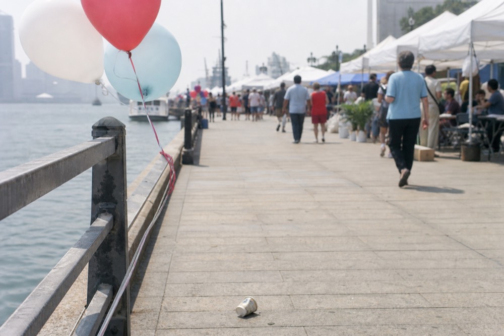 Festival crowd on a Boston waterfront pier in summer