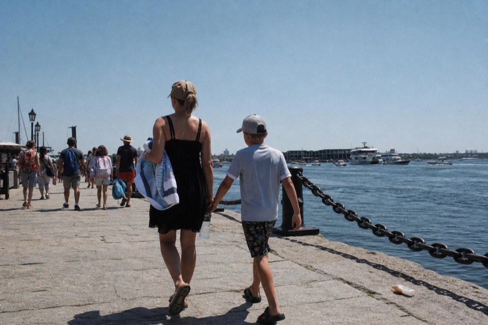 Long Wharf with harbor view and people