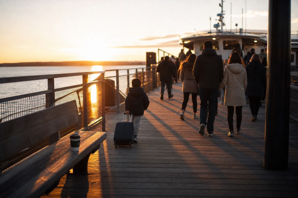 Guests walking along a Boston pier toward a boarding dinner cruise vessel at golden hour