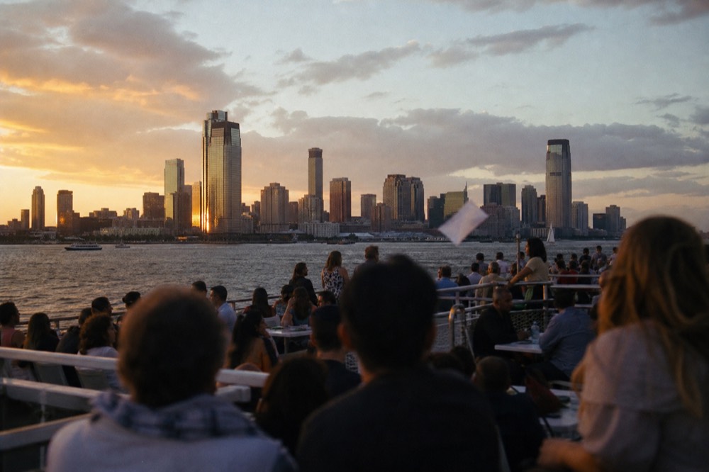 Evening cruise boat passing the Boston skyline during a busy summer weekend